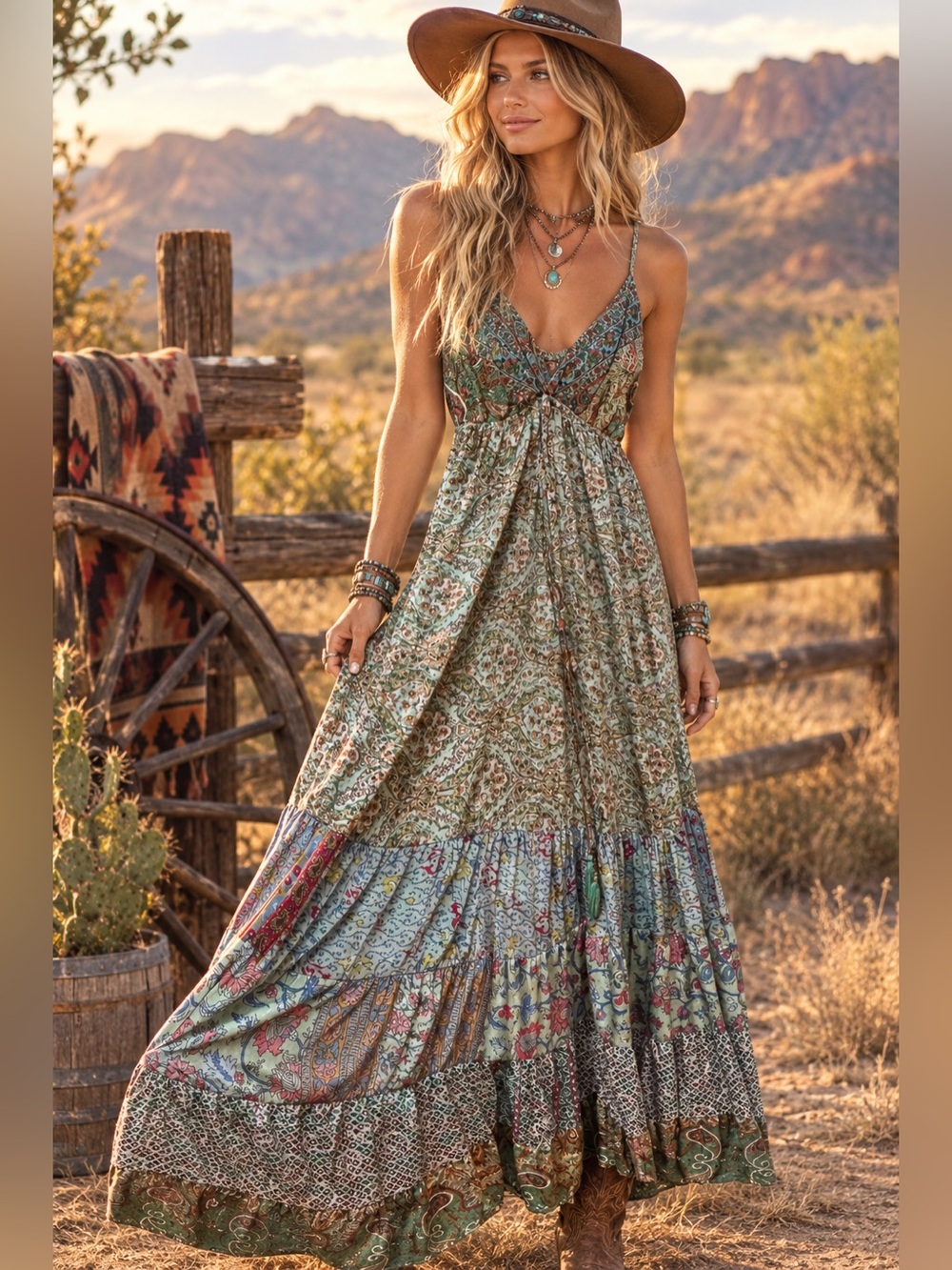 Karma Highway womans boho Paisley V-Neck Maxi Dress in Teal and Green size OS